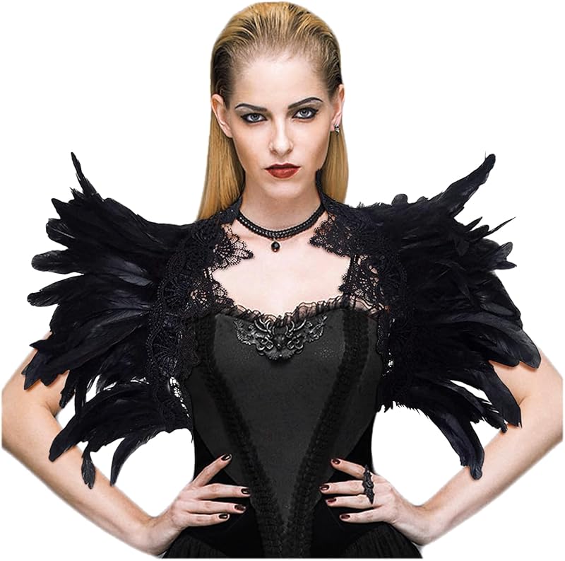 L'VOW Black Feather Shrug Cape Shoulder Wrap Lace Collar Halloween Costumes for Women