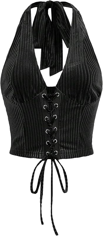 Verdusa Women's Going Out Halter Corset Tops Sleeveless Lace Up Open Back Crop Top