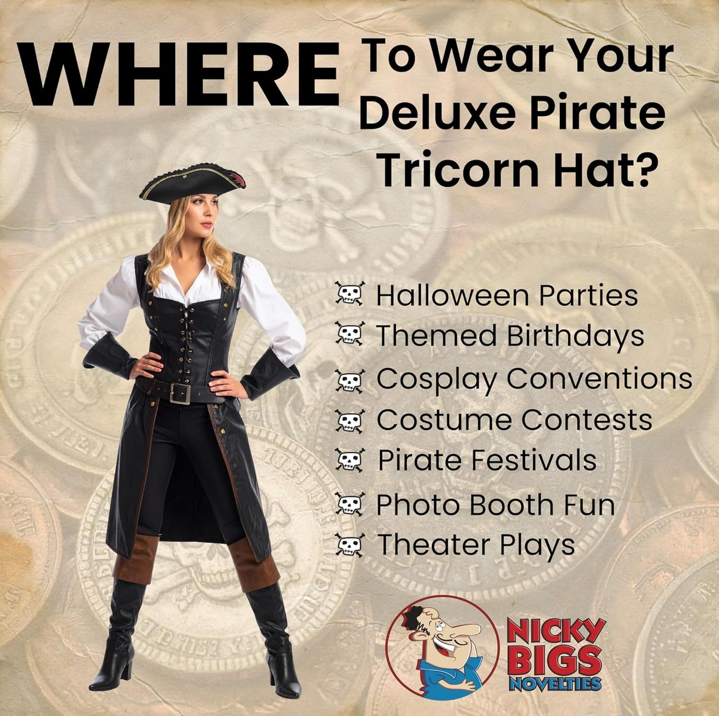 Nicky Bigs Novelties Adult Deluxe Black Tricorn Tricorner Pirate Hat Buccaneers Cap Costume Accessory