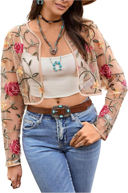 OYOANGLE Women's Floral Embroidered Open Front Crop Jackets Long Sleeve Mesh Summer Cardigan Tops