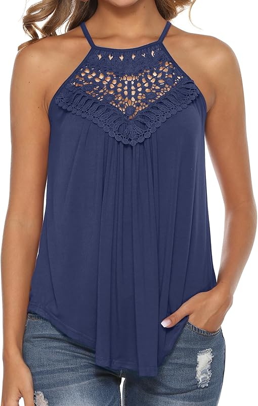 Bluetime Halter Tops for Women Sexy Sleeveless Lace Crochet Dressy Flowy Tank Top Cute Summer Shirts