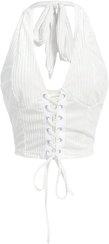 Verdusa Women's Going Out Halter Corset Tops Sleeveless Lace Up Open Back Crop Top