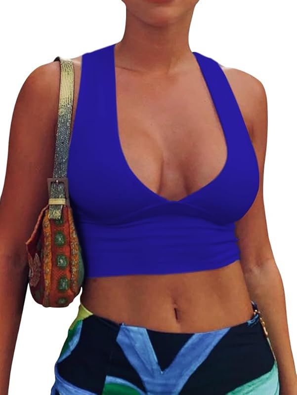 AEPEBO Sexy Crop Tops for Women Deep V Neck Back Cutout Sleeveless Plunge Racerback Tank Cropped Top