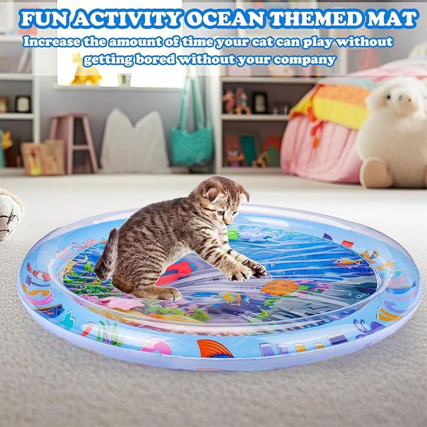 Pet Water Bed, Thickened Water Sensory Play Mat for Cats Dog, Waterbed Toy with Fish, Washable Inflatable Playmat, Puncture Proof Cooling Mat for Pet, Feel Cool Comfort (Large Round Model C)