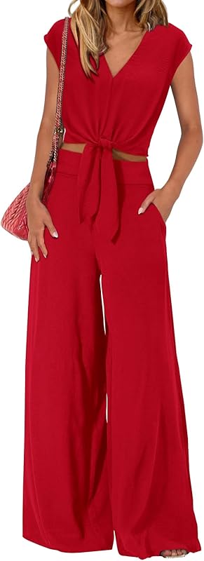 PRETTYGARDEN Women's Summer 2 Piece Outfits 2025 Cap Sleeve V Neck Belted Crop Tops Wide Leg Pant Sets Casual Tracksuit