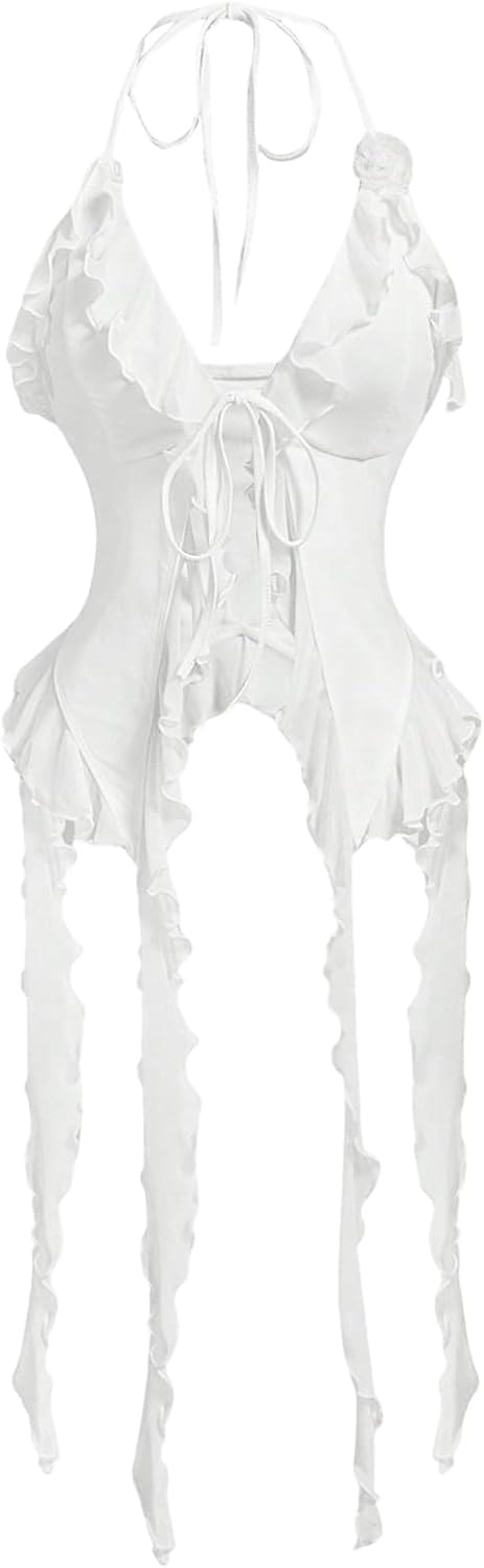 WDIRARA Women's 3D Flower Tie Front Ruffle Trim Halter Top Tie Backless Camisole