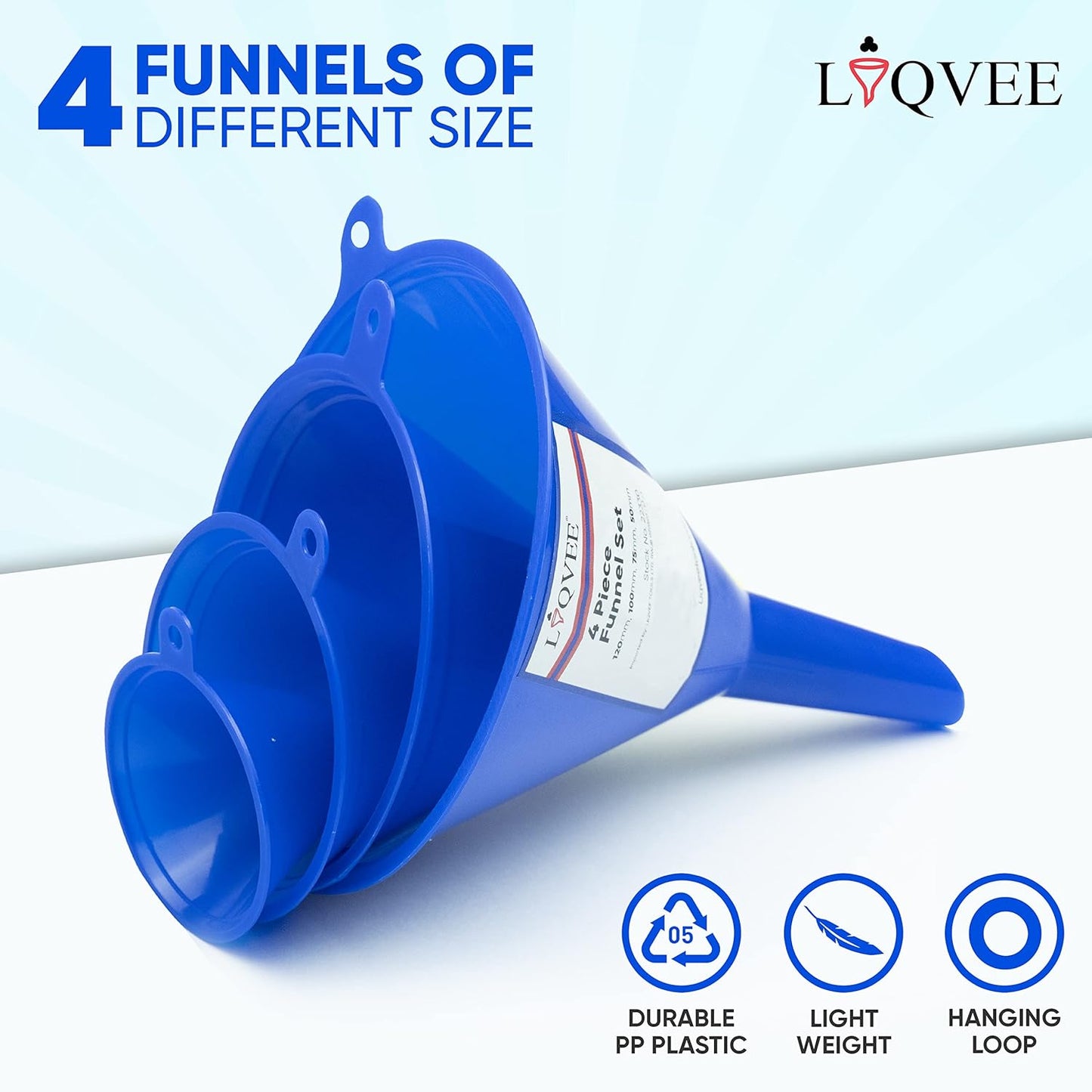 Liqvee Funnel Blue in 4 Different Sizes (122, 101, 76 & 50mm) Durable & Non-Toxic Food Grade Plastic -Funnels for Filling Bottles or Containers – Ideal for Kitchen, Garage & Labs (Blue)