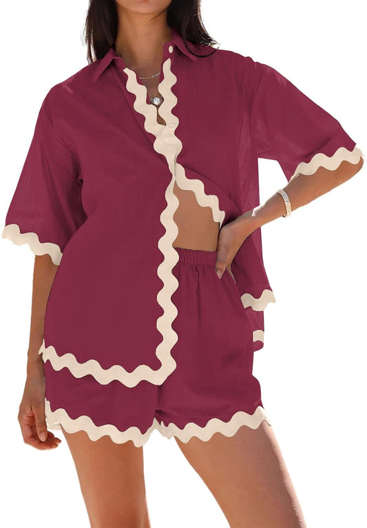 Danedvi Womens 2 Piece Outfits Beach Vacation Summer Short Sleeve Button Down Shirts and Shorts Lounge Sets