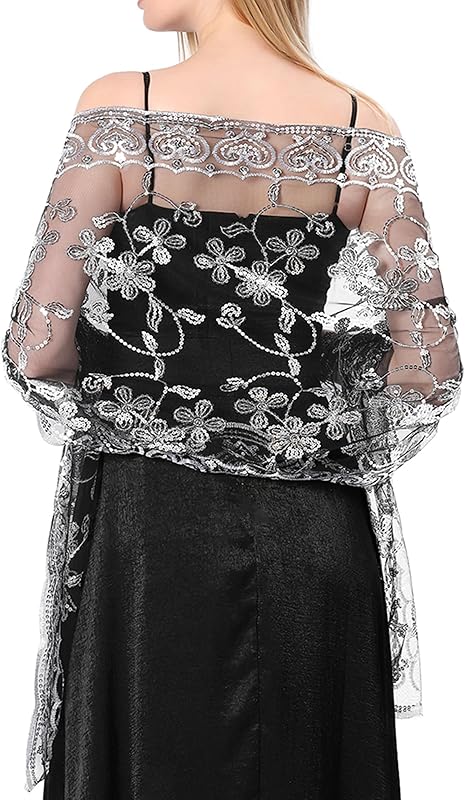 Shawls and Wraps for Evening Dresses,Women Formal 1920s Sequin Flower Sheer Shawls and Wraps for Wedding-