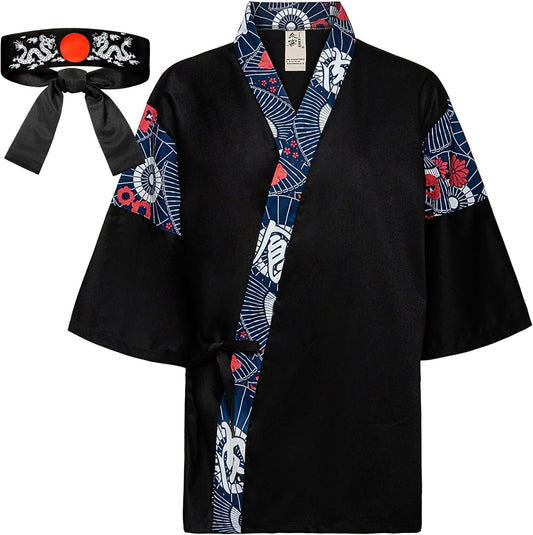Japanese Sushi Restaurant Chef Coat Uniforms, 3/4 Sleeve Kimono Floral Workwear Jacket Dragon Black Headband XL