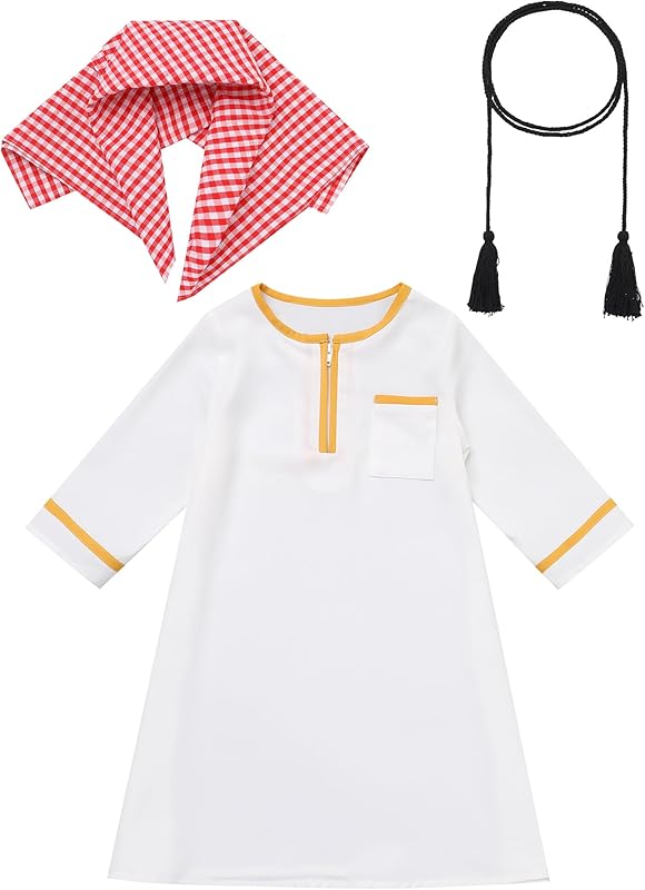 IDOPIP Muslim Baby Boys Prayer Clothes Kaftan Thobe Arabic Islamic Abaya Dubai Robe with Head Scarf + Rope Ramadan Eid Outfit
