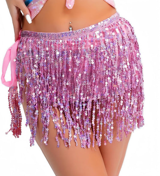 MUNAFIE Sequin Tassel Hip Scarf Sequin Tassel Skirts Rave Fringe Hip Scarf for Festival Belly Dance Skirt