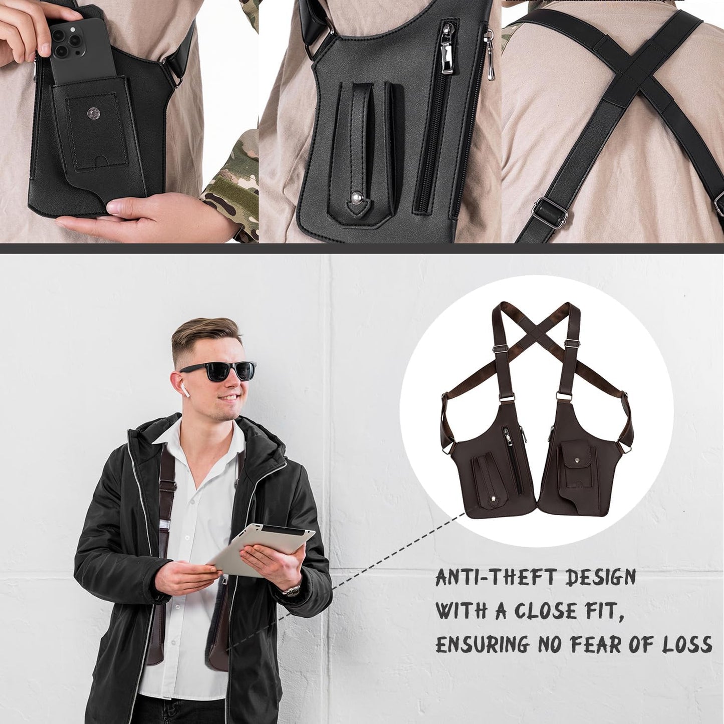 Double Shoulder Armpit Bag, 2025 New Men Anti-Theft Underarm Wallet Pocket Holster Phone Leisure Double Shoulder Pouch
