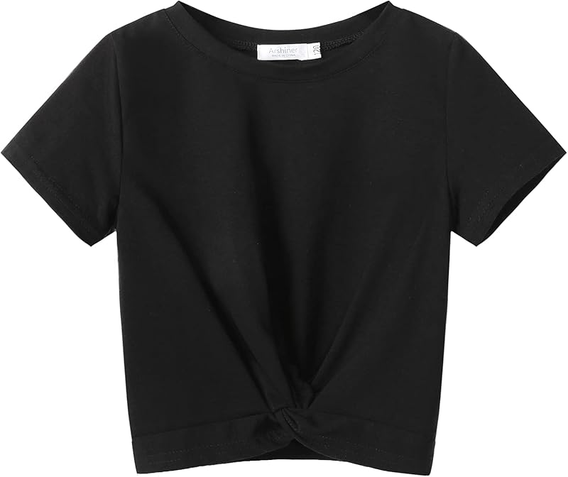 Arshiner Girls T-Shirts Twist Front Kids Summer Printed Round Neck Short Sleeve Tops Casual Fashion Tee Shirt for Girls 5-12 Years
