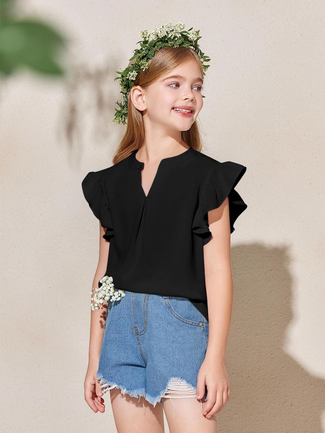 Haloumoning Girls Summer T Shirts Kids Fashion V Neck Ruffle Short Sleeve Tops Blouse 5-14 Years