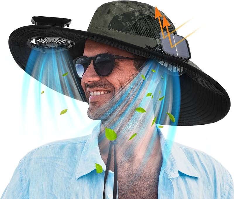 Berlune Men Sun Hat with 2 Solar Fan Fishing Wide Brim Sun Hat for Outdoor Summer Camping Beach, USB & Solar Powered