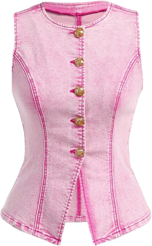 MakeMeChic Women's Denim Vest Top Summer Button Down Sleeveless Jean Jacket Crew Neck Waistcoat