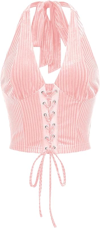 Verdusa Women's Going Out Halter Corset Tops Sleeveless Lace Up Open Back Crop Top