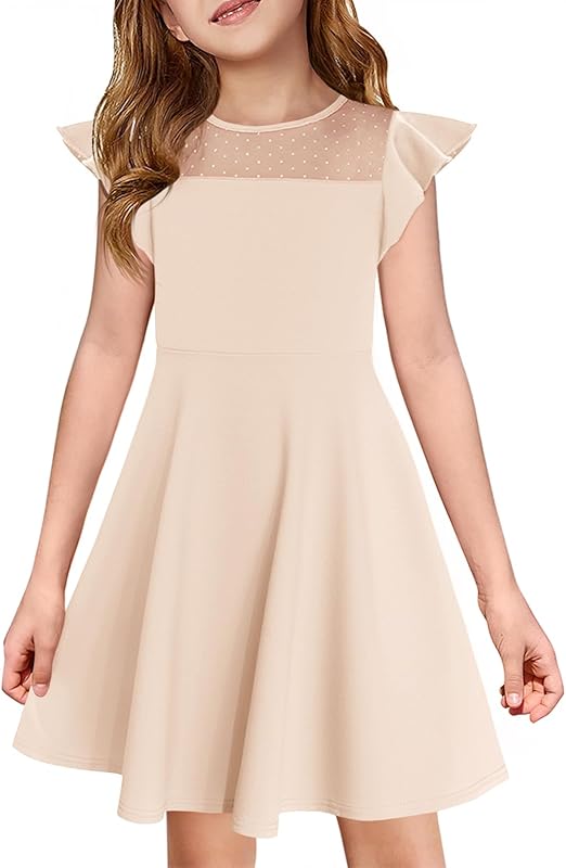 Haloumoning Girls Dress Summer Ruffle Sleeve Mesh A Line Casual Party Dresses with Pockets for Kids 4-14 Years