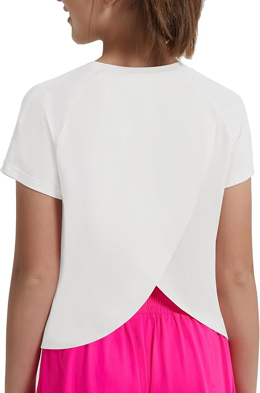 EXARUS Girls Athletic Shirts Short Sleeve Crop Tops/Split Back Quick Dry T Shirt Workout Summer Casual Kids 6-14Y