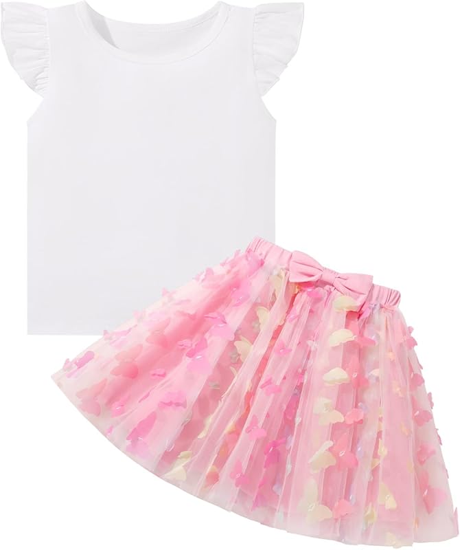Naiyafly Girls Tulle Skirt Set Toddler Girls 2 Piece Outfits Kids Two Piece Ruffle Sleeve T-Shirt Bow Knot Tutu Dress Costume Birthday Party Outfit 3-8 Years