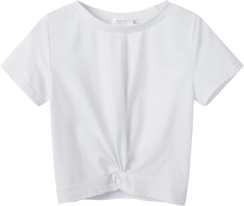 Arshiner Girls T-Shirts Twist Front Kids Summer Printed Round Neck Short Sleeve Tops Casual Fashion Tee Shirt for Girls 5-12 Years