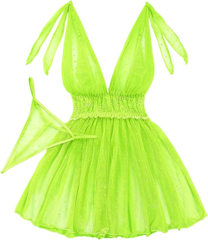 Lilosy Sexy Polka Dots Mesh Sheer Lace Babydoll Chemise Lingerie Set Floral Lace Sleep Wear