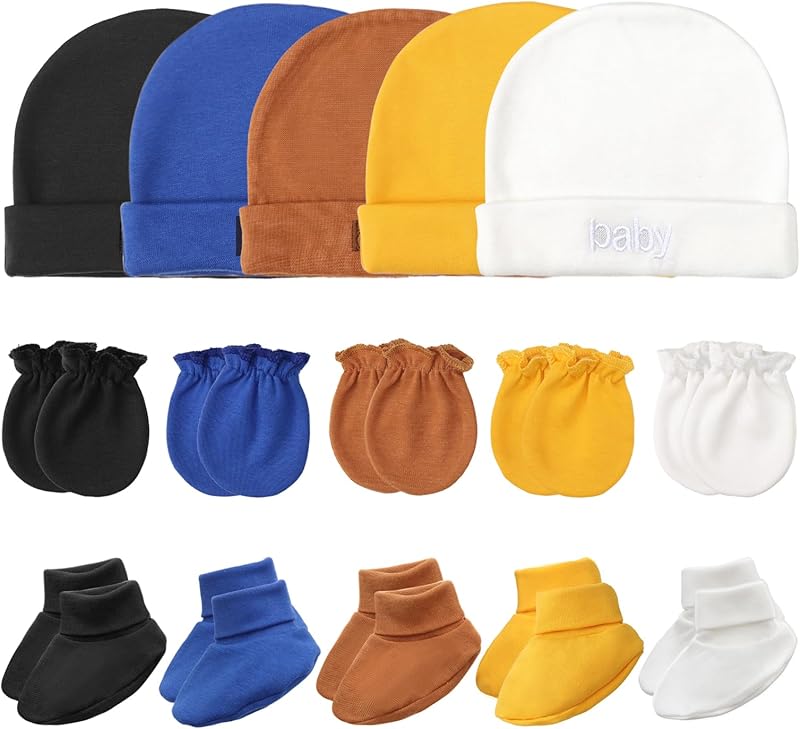 Newborn Baby Hats Mittens and Socks Set Cotton Infant Beanie Cap Socks Mittens for Newborn Baby Boy Girl 0-6 Month