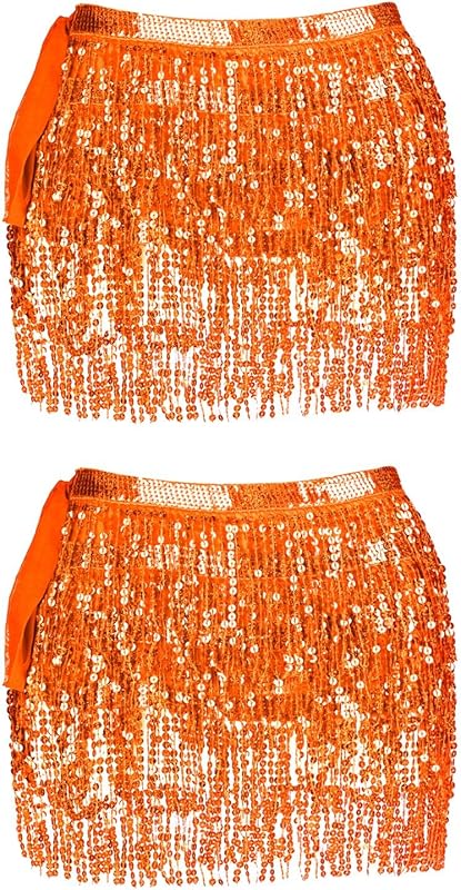 Women Belly Dance Skirt Tassel Fringe Skirts Sparkly Sequin Hip Scarf Party Costume