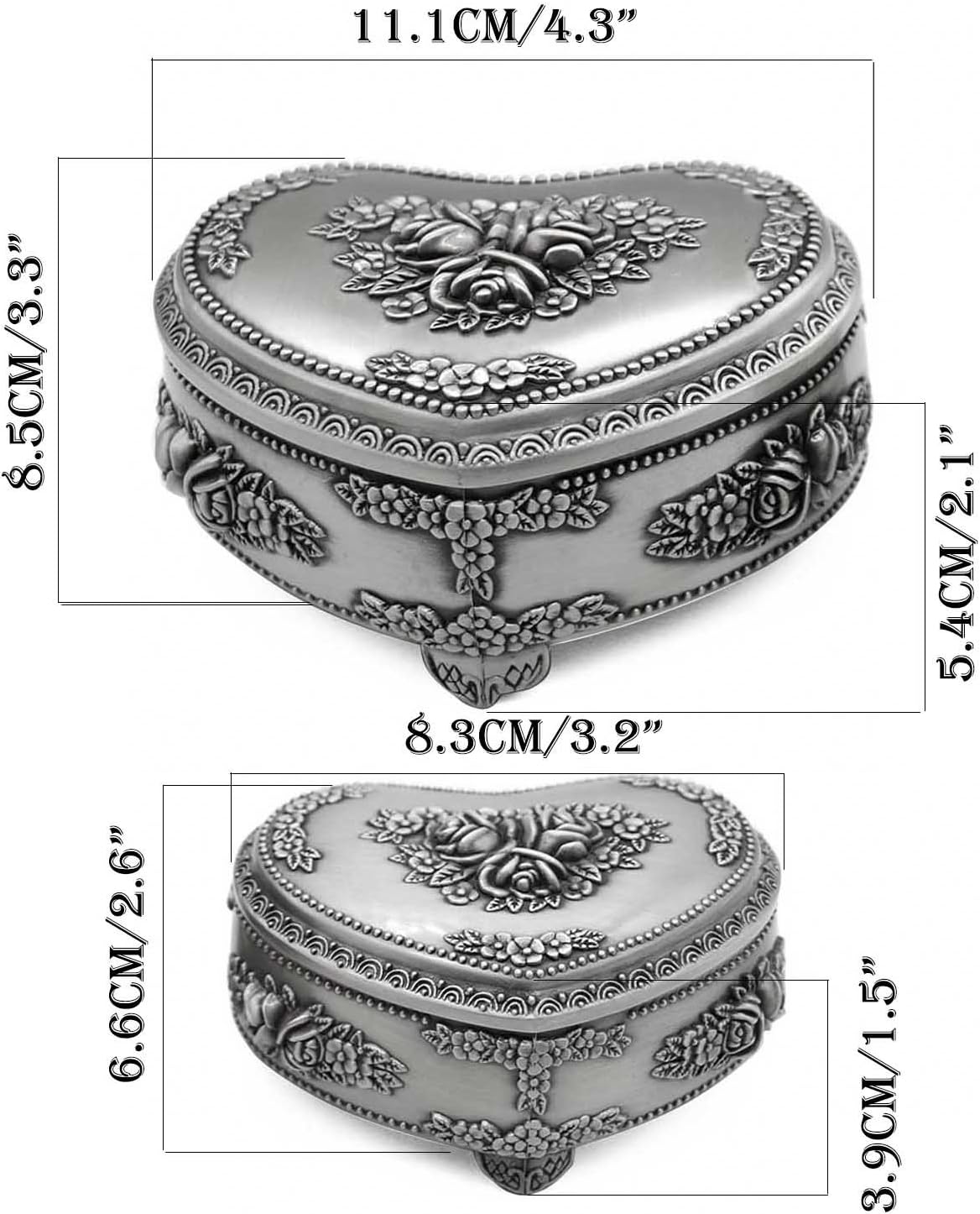 Classic Vintage Heart Shape Metal Jewelry Box Ring Trinket Storage Organizer Chest Christmas Gift, Medium