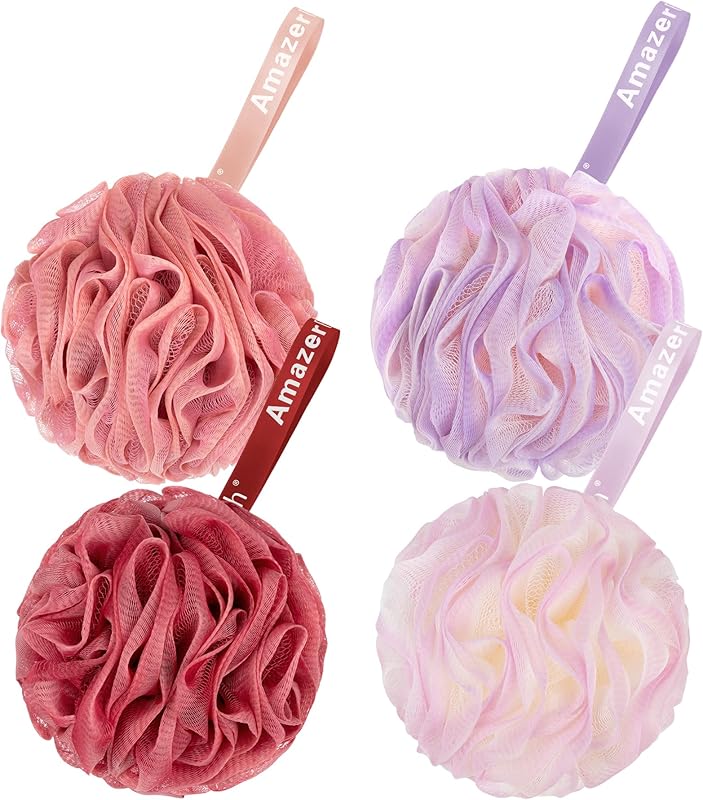 AmazerBath Loofah Sponge 75g/Piece, Exfoliating Bath Sponge Body Scrubber - Loofa Set of 4 Flower Color (Large, Green-Purple)