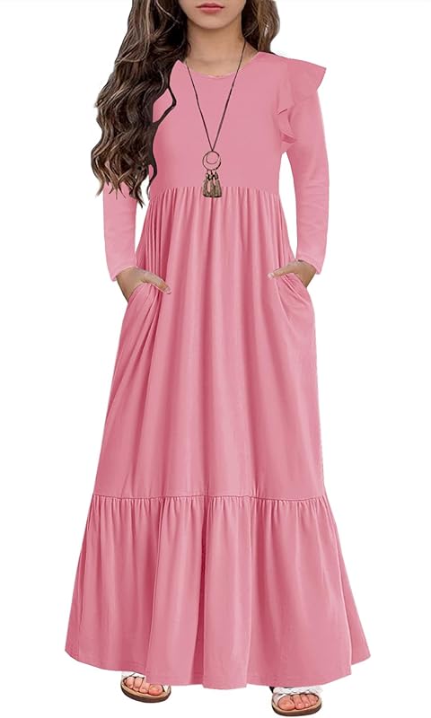 HOSIKA Girls Fall Ruffle Long Sleeve Crew Neck Loose Casual Flowy Tiered Maxi Dress with Pockets for 6-12 Y
