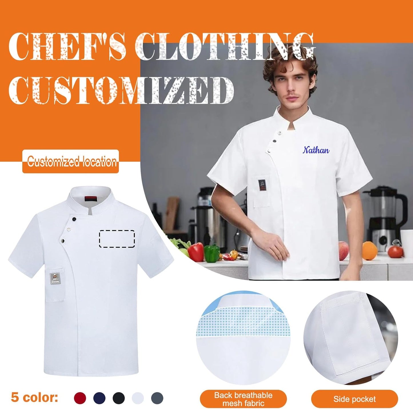 Custom Chef Coat Jacket With Embroidered Name Personalized Men's Short Sleeve Classic Chef Coat With Traditional Buttons