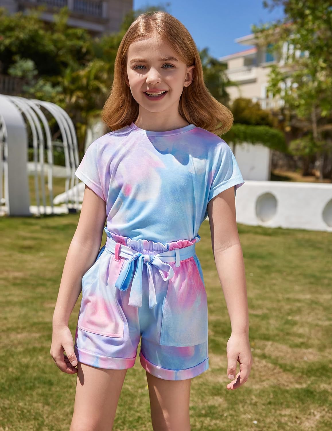 Arshiner Girls 2 Piece Outfit Summer Drop Shoulder Batwing Sleeve Tops and Paperbag Waist Shorts Set Cute Clothing Size 6-14