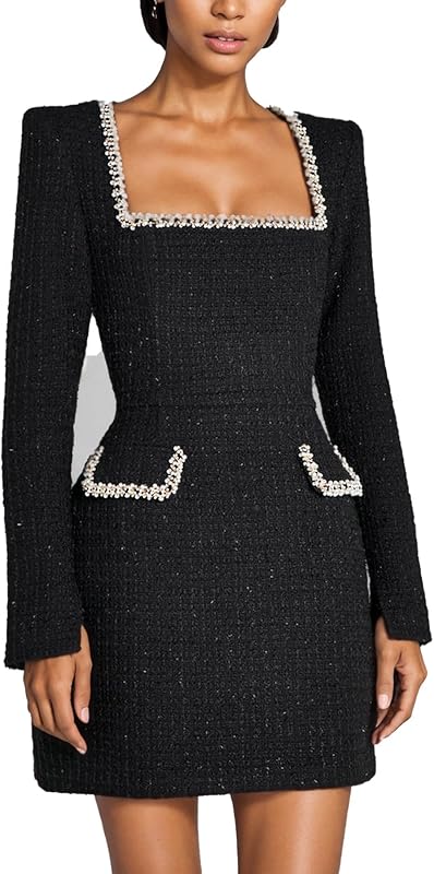 LETSVDO Women's Elegant Tweed Dress Long Sleeve Square Neck Pearl A Line Classy Formal Party Mini Dresses Fall 2024