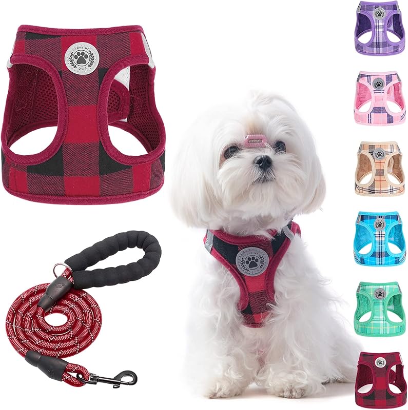 BEAUTYZOO Plaid Dog Harness and Leash Set for XS S Pets, Step-in No Choke No Pull Soft Mesh Vest Harness, Reflective for Extra-Small/Small Medium Puppy Dogs and Cats, Beige S