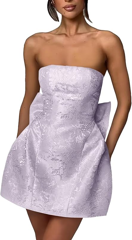 Xijun Short Jacquard Satin Homecoming Dresses for Teens Strapless Embroidery Mini Prom Cocktail Party Gown with Bow