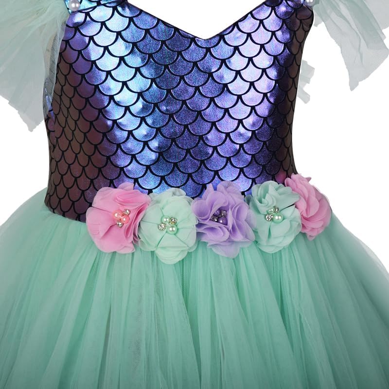 Kids Girls Mermaid Tutu Dress Outfit Fly Sleeve Tulle Patchwork A-line Dress with Headband