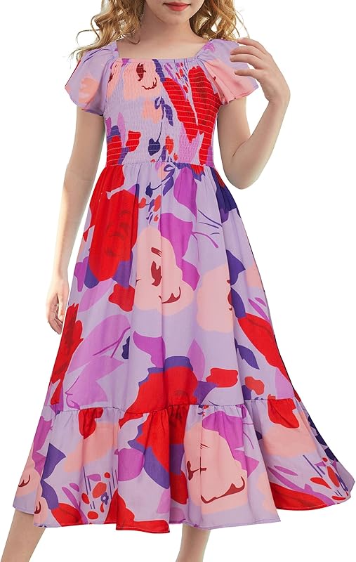 GRACE KARIN Girls Floral Dress Flutter Sleeve Square Neck Tiered Midi Dress Smocked Flared A-line Dress 5-14Y