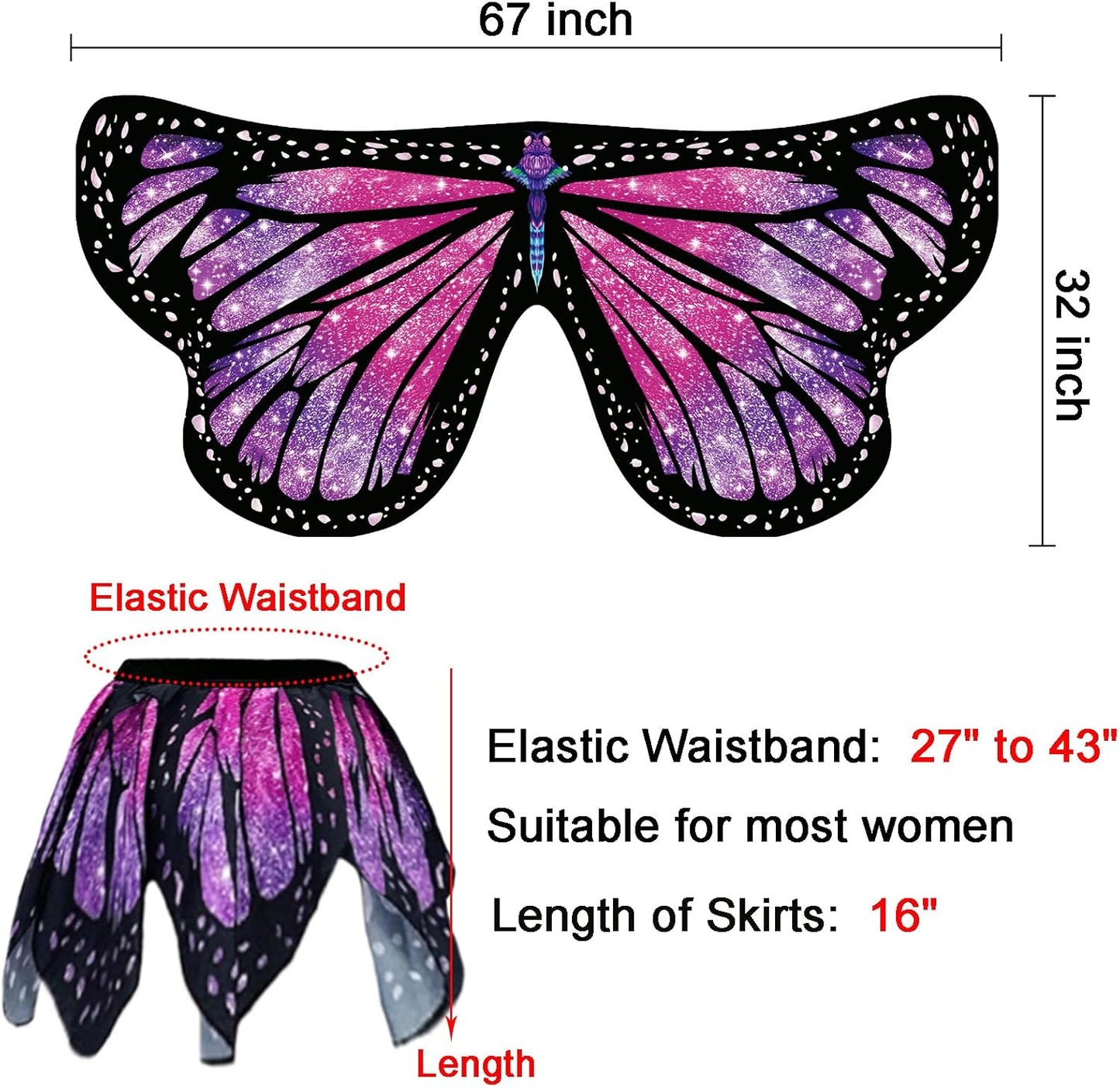 Butterfly Costumes for Women - Double-Sided Printing Butterfly Wings Cape with Skirt for Adults Halloween Costumes