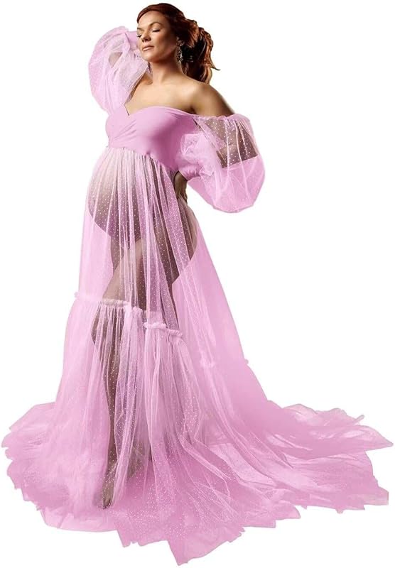 Off Shoulder Tulle Maternity Dress for Photoshoot Puffy Sleeve Wedding Bridal Pregnancy Robe Baby Shower Photography
