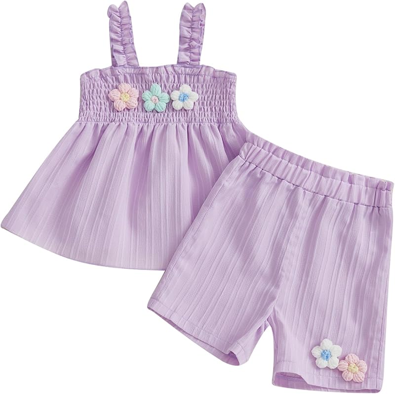 Toddler Baby Girl Summer Outfit 3D Flower Embroidery Smocked Sleeveless Tops Elastic Waist Shorts 2Pcs Clothes Set