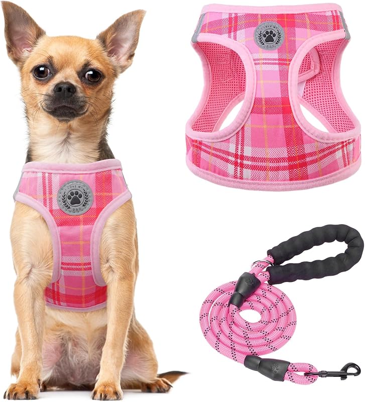 BEAUTYZOO Plaid Dog Harness and Leash Set for XS S Pets, Step-in No Choke No Pull Soft Mesh Vest Harness, Reflective for Extra-Small/Small Medium Puppy Dogs and Cats, Beige S