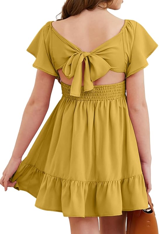 Girls Elegant Ruffle Short Sleeve Back Tie Dresses 6-13 Years Old
