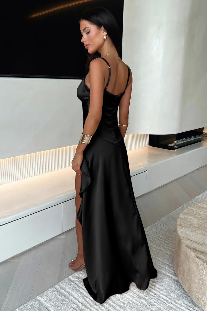Memoriesea Women's Sexy Satin V Neck High Slit Ruffle Hem Party Evening Maxi Dress