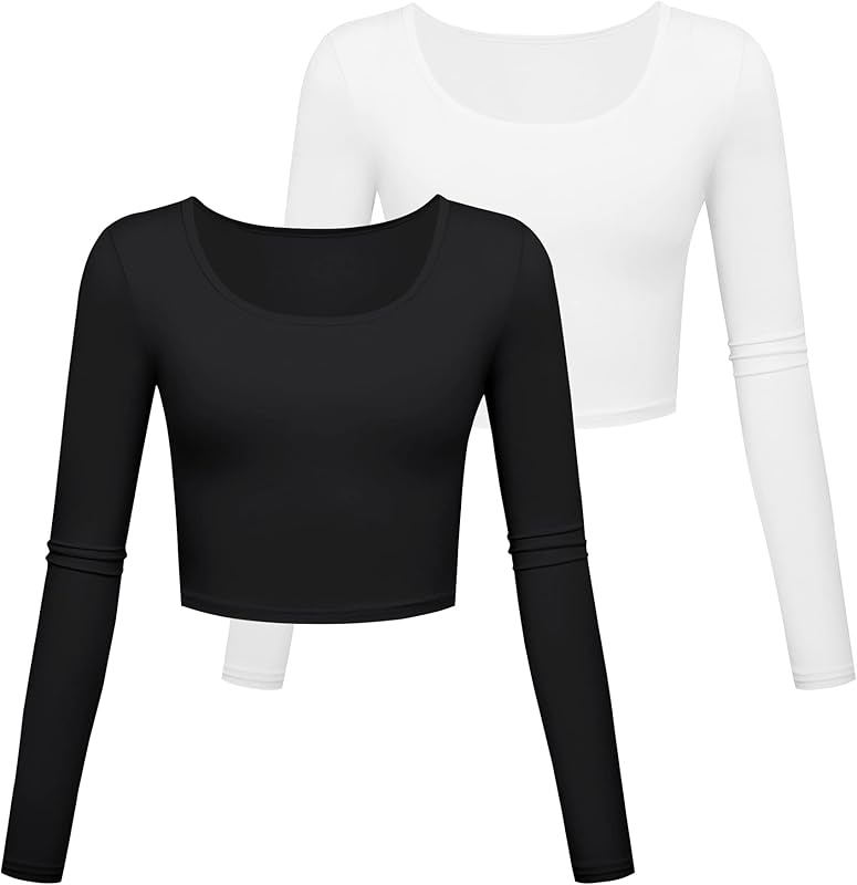 Long Sleeve Crop Tops for Women Workout Basic Clothes for Teen Ladies Fitted Slim Scoop Neck Cute Yoga Shirts