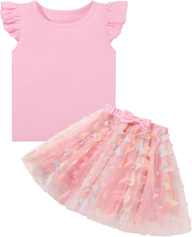 Naiyafly Girls Tulle Skirt Set Toddler Girls 2 Piece Outfits Kids Two Piece Ruffle Sleeve T-Shirt Bow Knot Tutu Dress Costume Birthday Party Outfit 3-8 Years