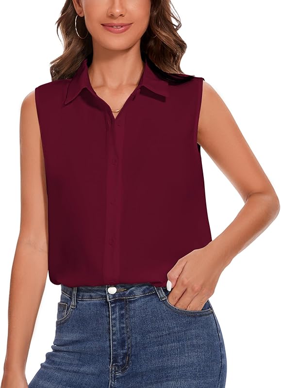 YAMANMAN Womens Sleeveless Button Down Shirt Classic Collared Blouse Basic Tank Tops Work Office Chiffon Tops