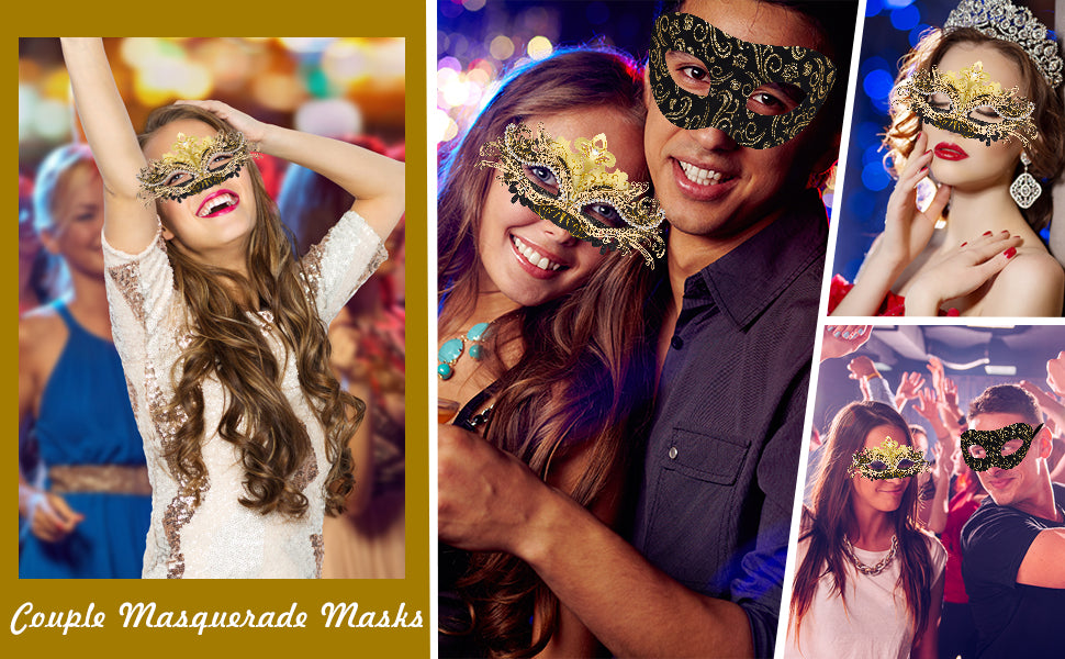 SIQUK Couple Masquerade Masks Metal Venetian Party Mask Halloween Costume Mask Mardi Gras Mask for Couples Women and Men