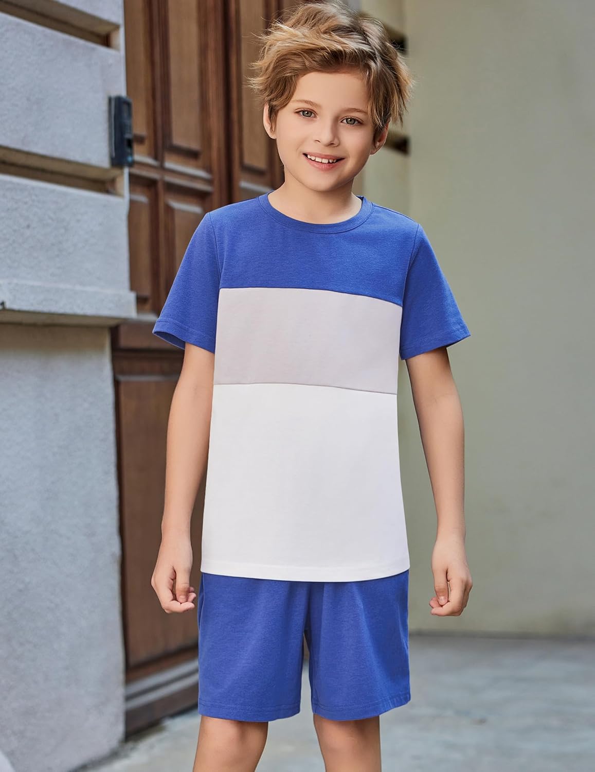 Arshiner Boys' 2-Piece Cotton Outfit Color Block T-Shirt and Shorts Set Casual Summer Clothes for Kids 6-14 Years